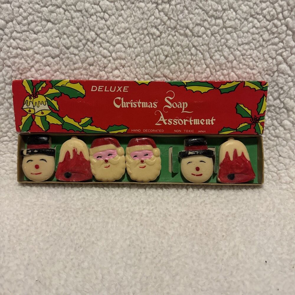 Vintage Deluxe Christmas Soap Assortment Hand Decorated Santa Snowman Bells 70s